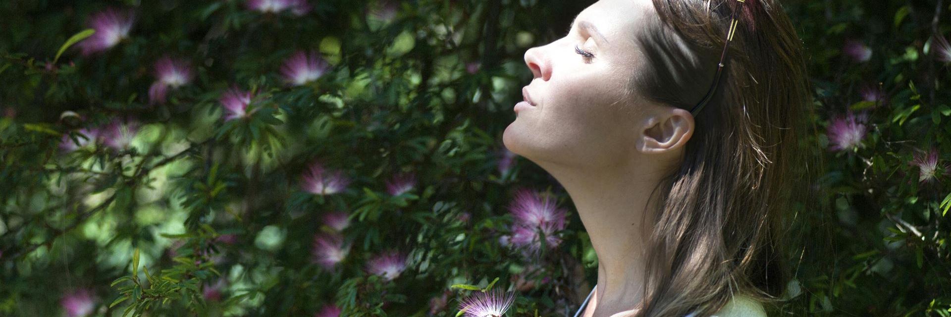 Frau, Die Ihre Augen Gegen Sonnenlicht Schließt, Das Nahe Lila Blütenblatt Blütenpflanze Steht